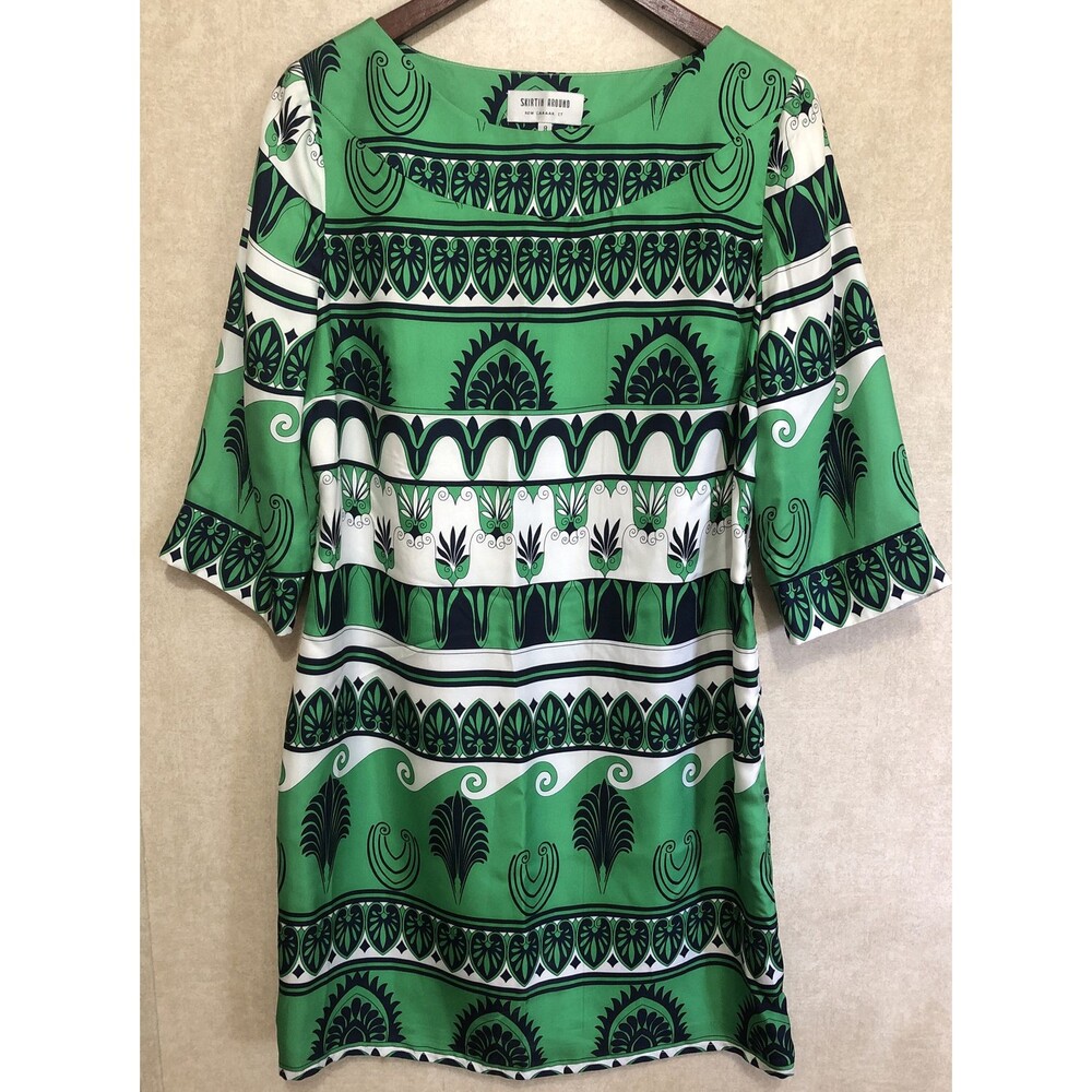 Skirtin Around Sz 8 Shift Dress Silk Geometric Print 3/4 Sleeve Green Navy EUC